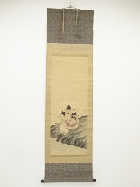 JAPANESE HANGING SCROLL / HAND PAINTED / EBISU GOD MEIJI ERA 